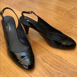 Chanel Black Patent Cap toe low slingback Heels